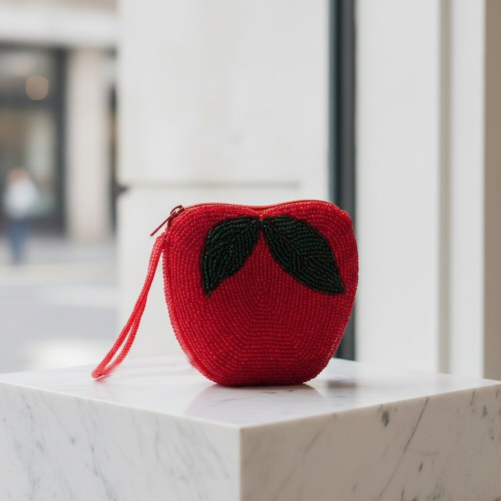 Handmade Beaded Red Apple Micro Bag with Leaves Mini Wallet Pouch Bag Charm